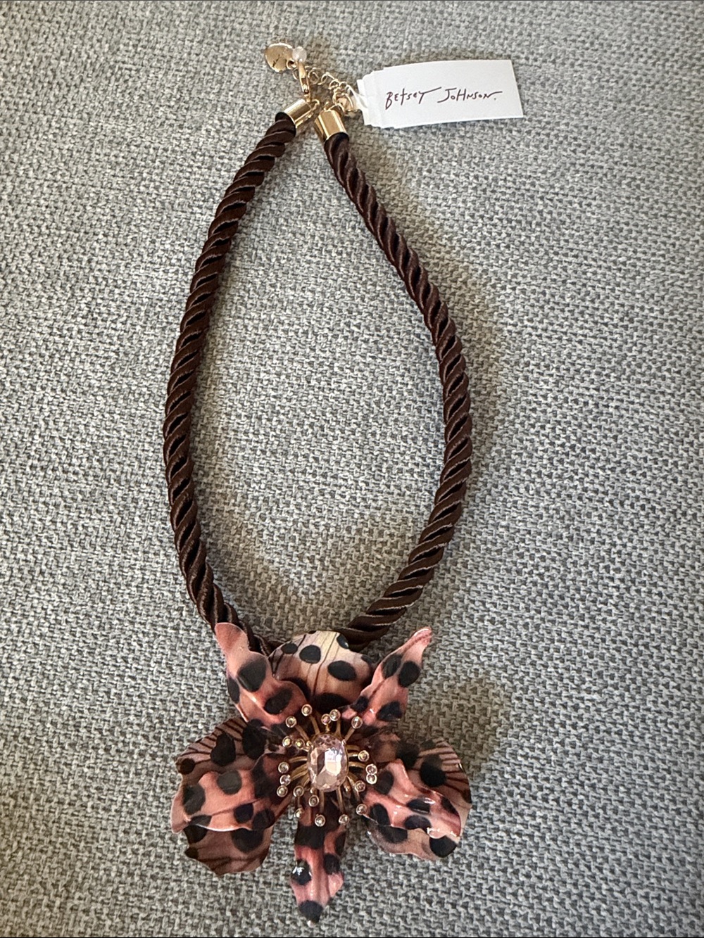 Betsey Johnson Brown Rope Necklace with Pink Leopard Flower